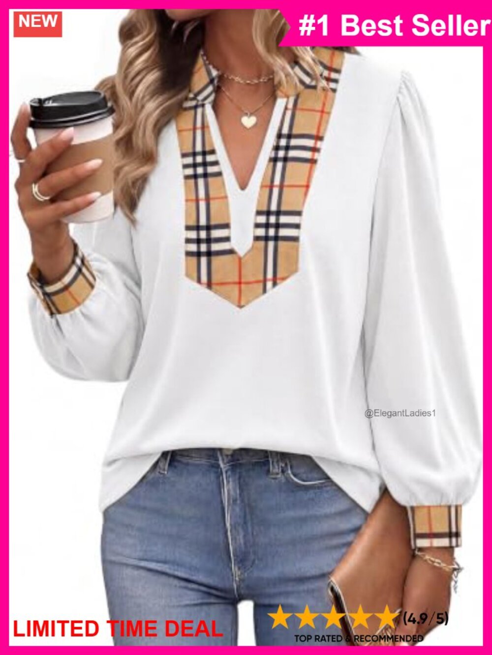 Womens Puff Long Sleeve Plaid V Neck Blouse Casual Dressy Top